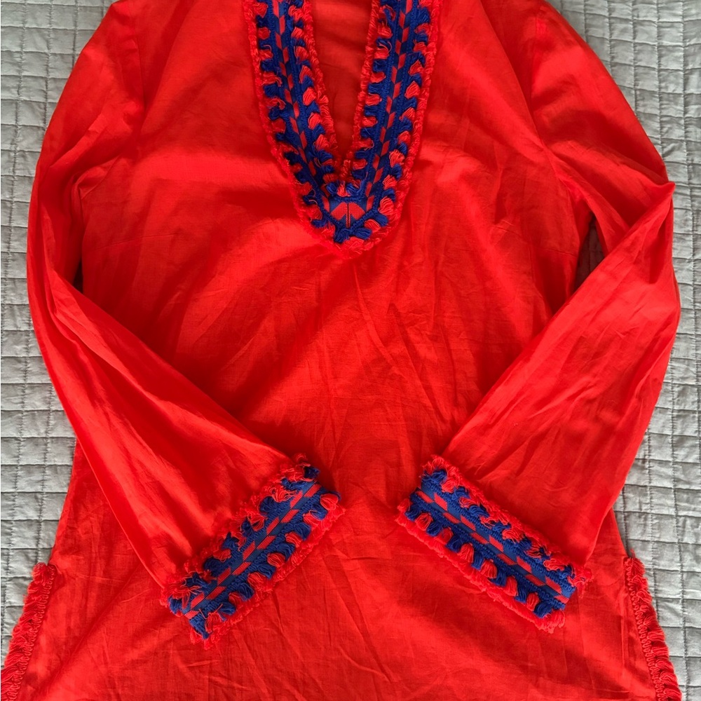 Tory Burch Red Tunic with Blue Embroidery